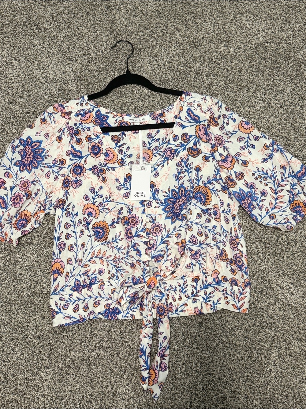 Rose & Olive White Floral Tie-Front Crop Top with Blue and Pink Print